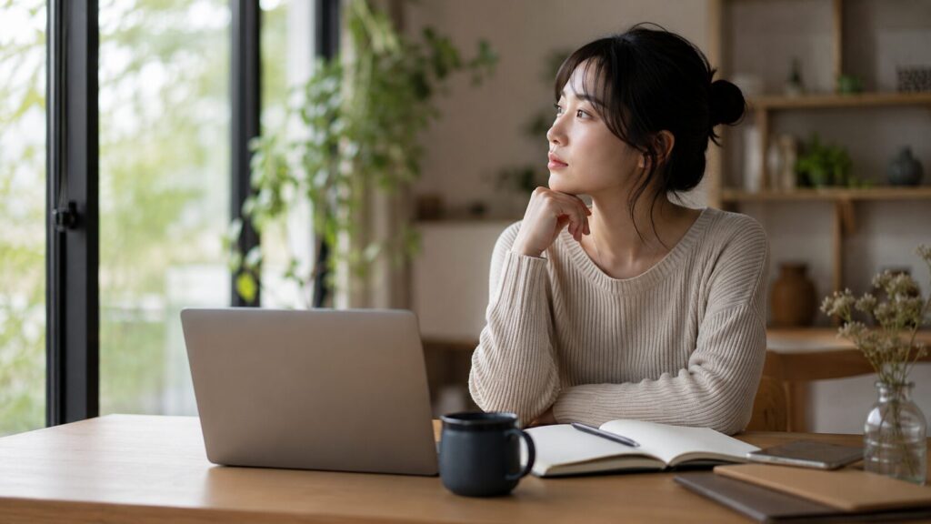 仕事や人生の方向性について考える日本人女性とノートパソコン