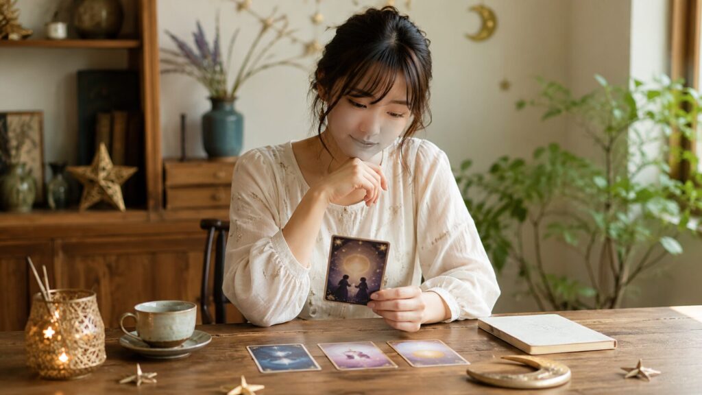 カードを使って恋愛相性を占う日本人女性
