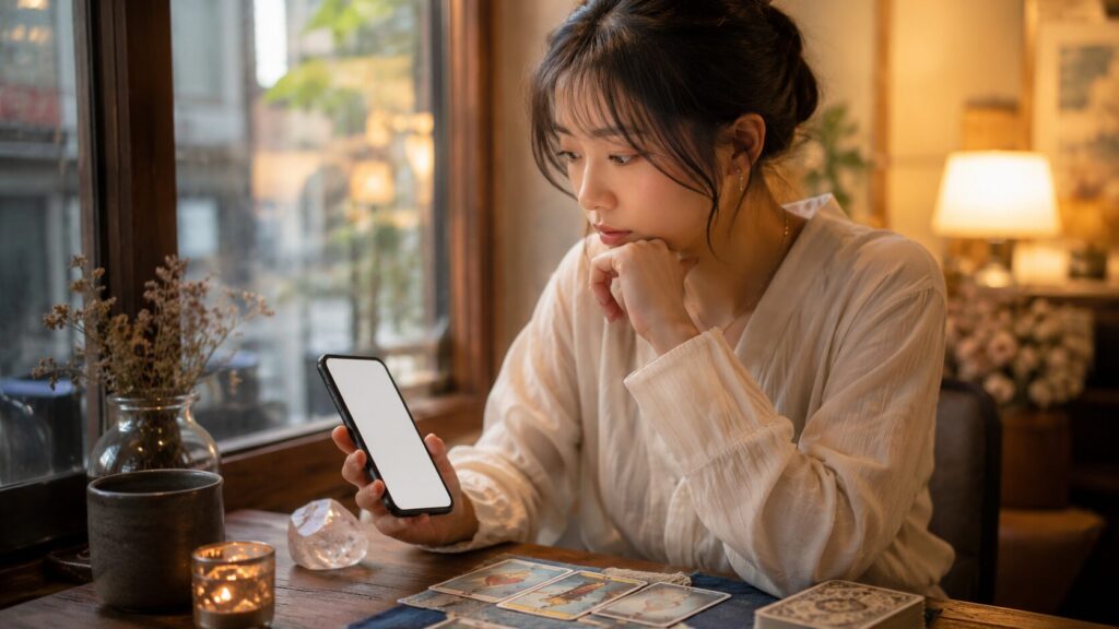 恋愛や相手の気持ちについて占い相談を考える日本人女性とスマートフォン
