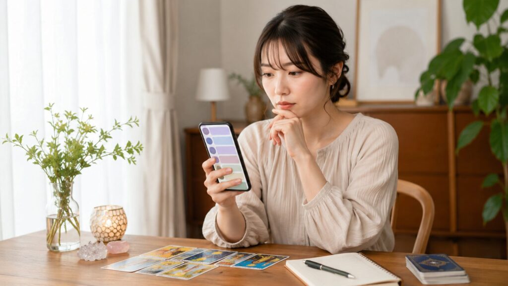 複数の占い師をスマホで比較しながら相談先を考える日本人女性