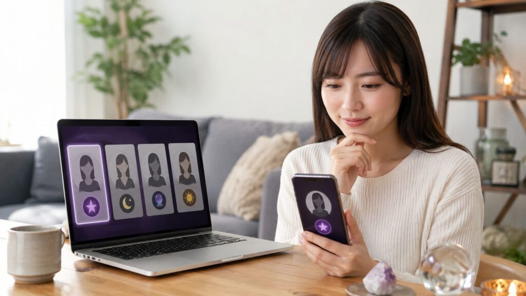 電話占いの占い師をスマホとパソコンで比較する日本人女性