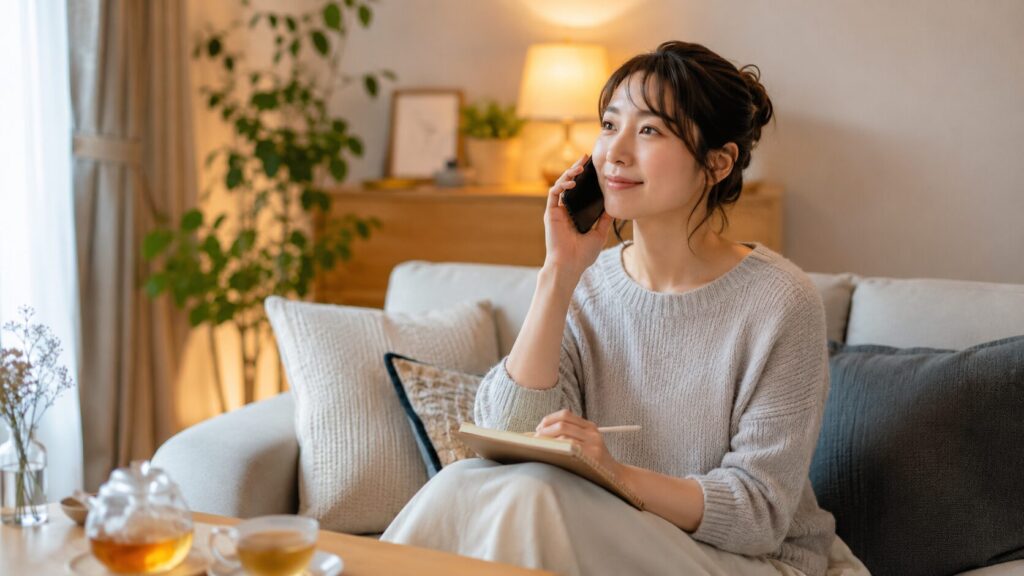 自宅で電話占いを受けながら質問をメモする日本人女性