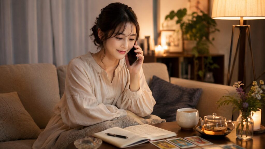 自宅でリラックスしながら電話占いを利用する日本人女性