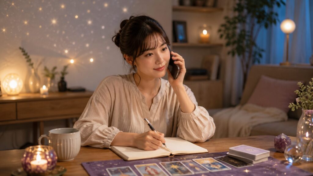 電話占いで転職時期を相談しながらメモを取る日本人女性