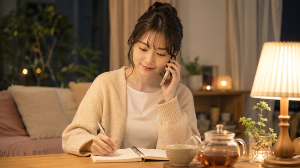 日本人女性が自宅で電話占いを受けながらノートに相談内容をメモしている様子