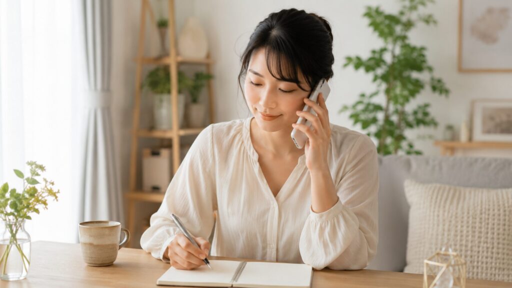 浮気の悩みを電話占いで相談し助言をメモする日本人女性