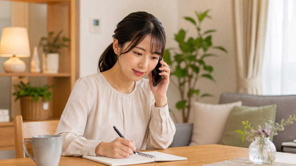 自宅で電話占いを受けながら質問をメモする日本人女性