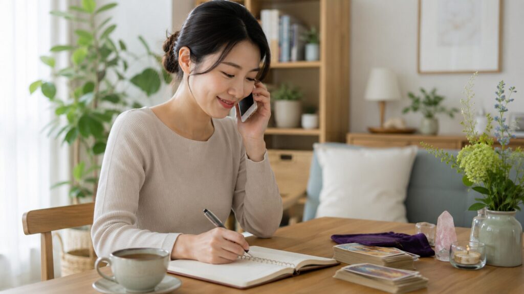 ココナラ電話占いを安全に使うため電話相談しながらノートにメモする日本人女性