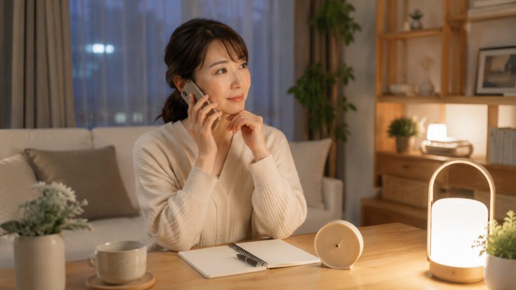 利用時間を管理しながら電話占いで相談する日本人女性