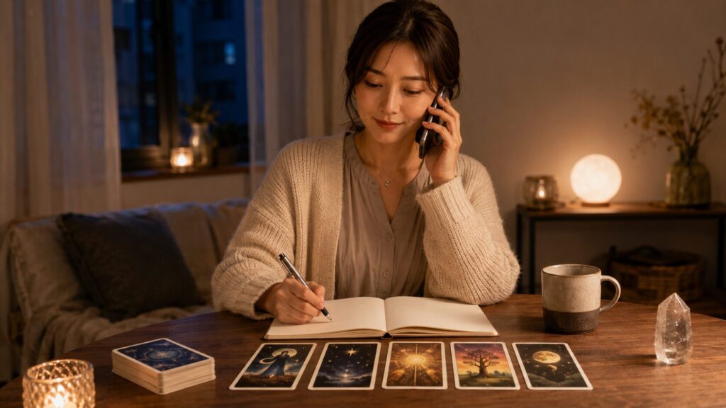日本人女性が自宅で電話相談をしながらタロットカードの解釈をメモしている様子