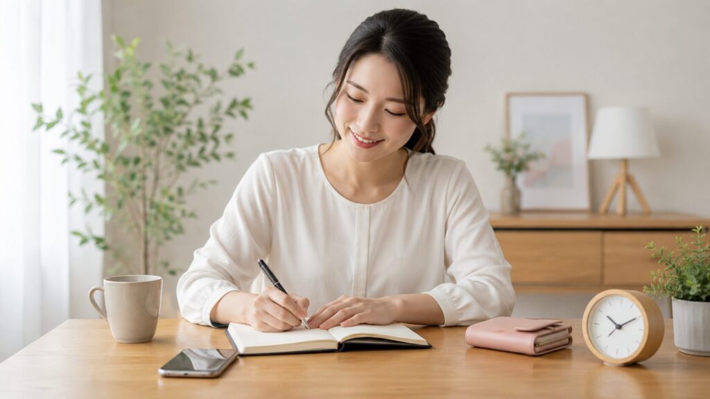 電話占い後に鑑定内容をメモして予算と行動を整理する日本人女性