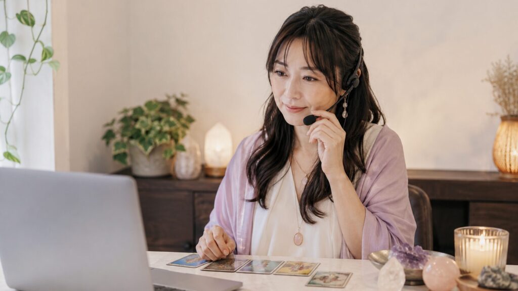 電話占いで相談者に寄り添いながら鑑定する日本人占い師