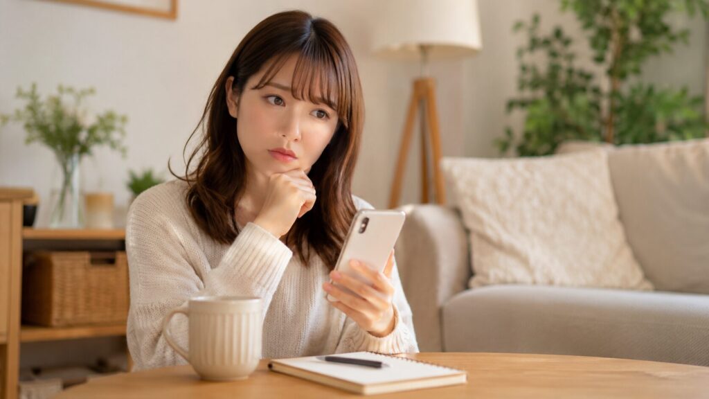 電話占いが本当に当たるのか不安に感じながらスマホを見る日本人女性