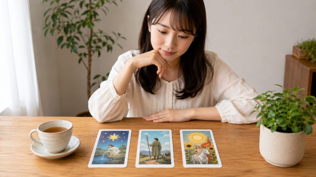 日本人女性が明るい部屋で3枚のタロットカードを見ながらスリーカードの配置を確認している様子
