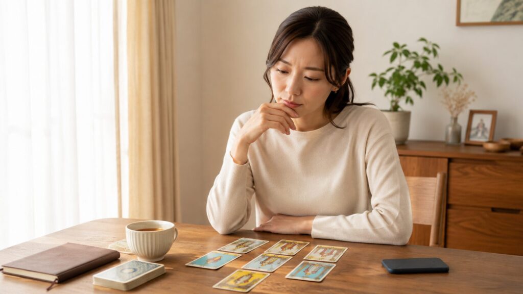 占いは信じるべきか迷う女性がタロットカードを前に考えている様子