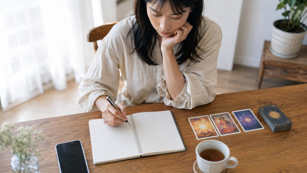 電話占いの相談前にノートへ悩みを整理する日本人女性とタロットカード