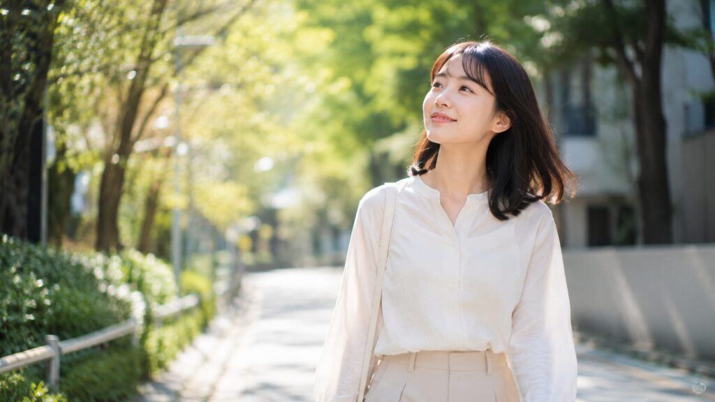 占いと引き寄せを前向きな行動につなげて明るい道を歩く日本人女性