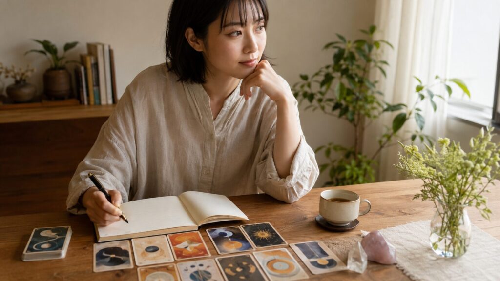 占いと引き寄せについてタロットカードとノートで自分の本音を整理する日本人女性