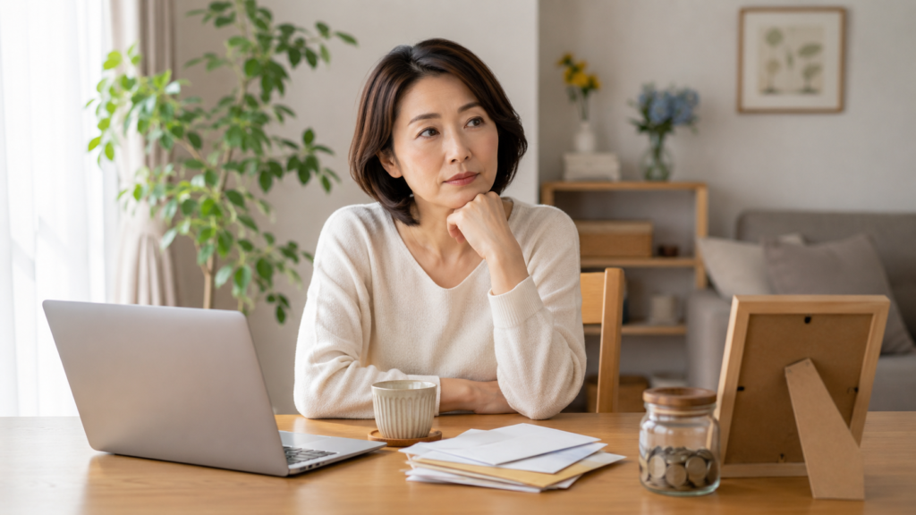 40代女性が仕事や家族、お金など将来の悩みを考える様子