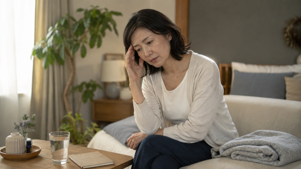 疲れや更年期など40代女性の体調変化に悩む様子
