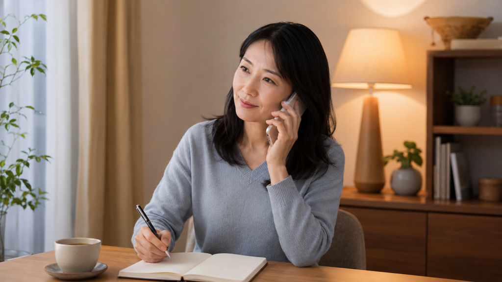 電話で相談しながら悩みや気持ちを整理する40代女性