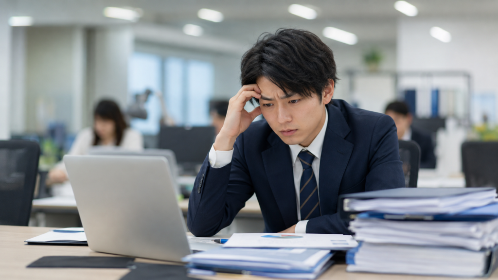 大量の書類を前に仕事の悩みを抱える20代会社員