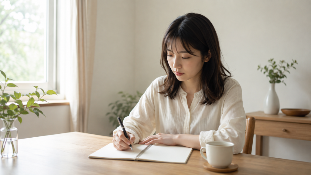 人間関係の悩みをノートに書いて整理する日本人女性