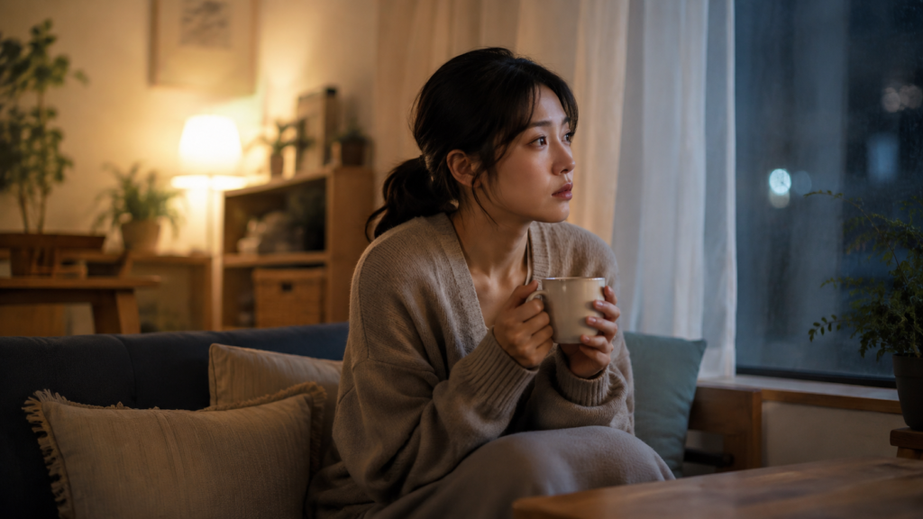 人に言えない悩みを抱えて自宅で一人考え込む日本人女性