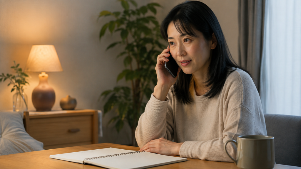 人に言えない悩みを自宅から匿名で電話相談する日本人女性