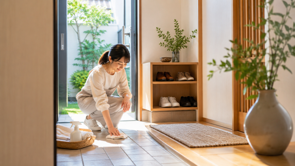 金運アップを意識して明るい玄関を掃除する日本人女性