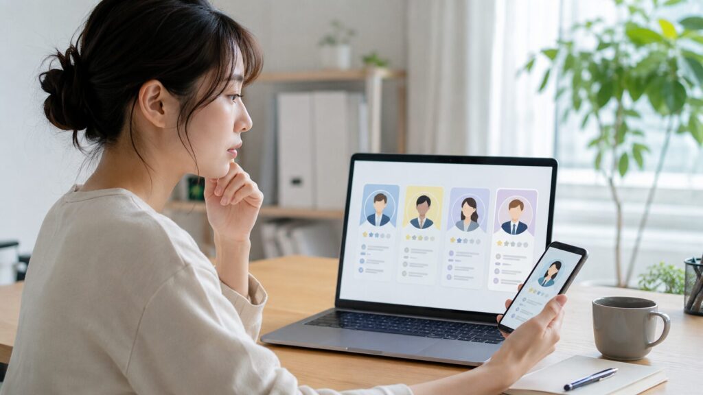 口コミや評価を比較してココナラ電話占いの占い師を選ぶ日本人女性
