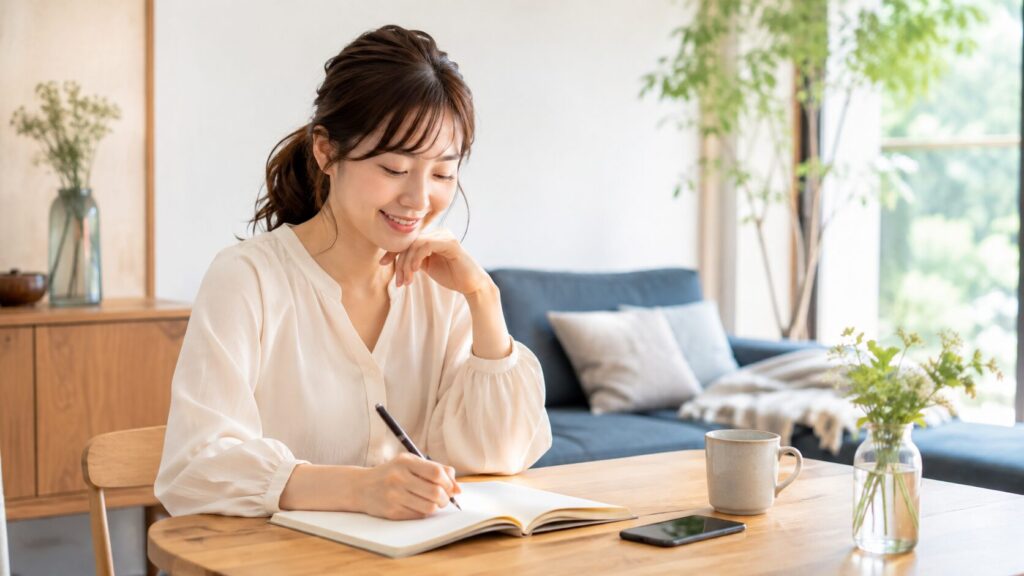 ココナラ電話占いの相談後に助言や気持ちをノートへ整理する日本人女性