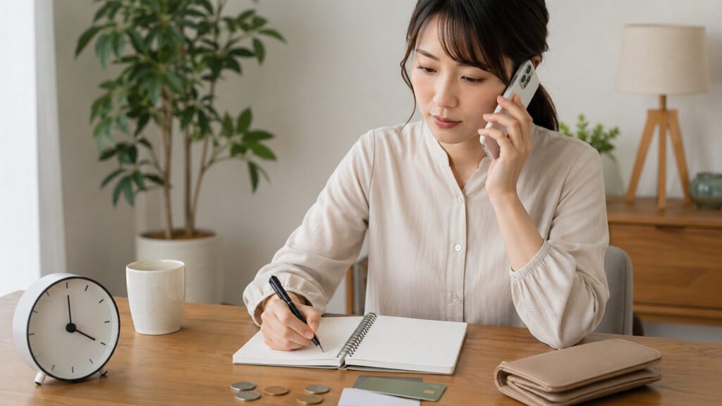 電話占いの相談時間と料金を確認しながらメモを取る日本人女性