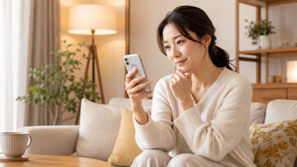 自宅でスマートフォンを使いココナラ電話占いを利用する日本人女性
