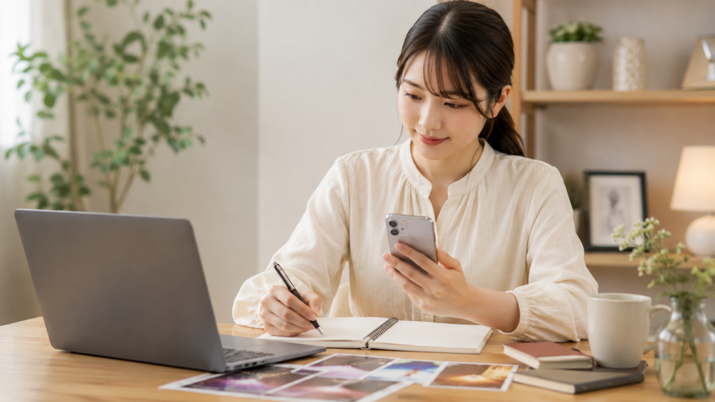 自宅で電話占いの料金や占い師を比較しながらメモを取る日本人女性