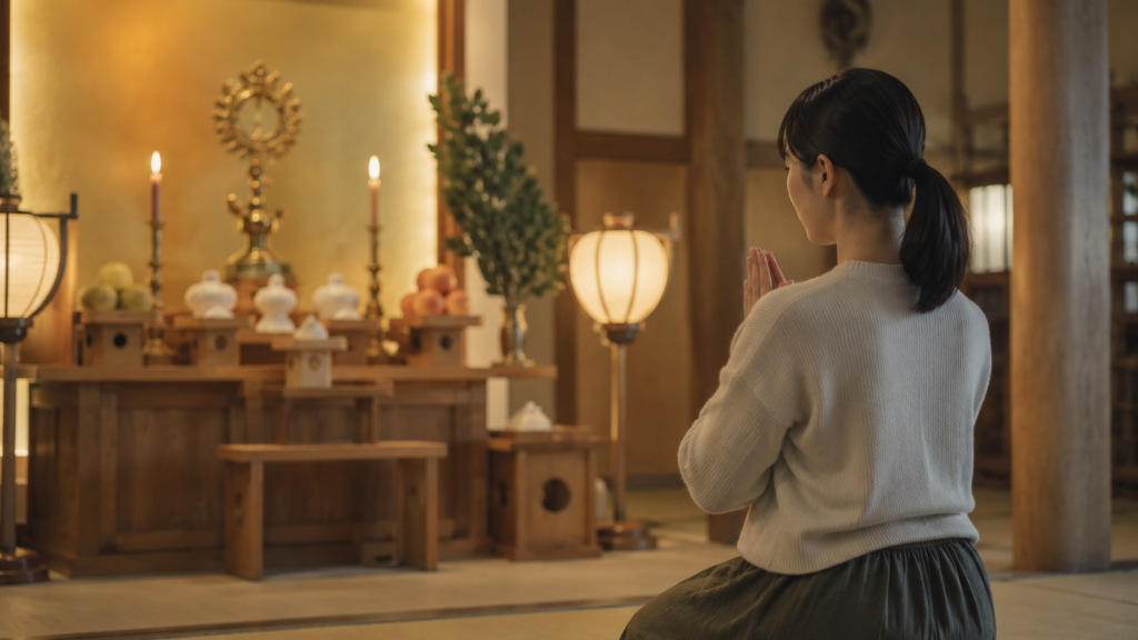 大黒天や吉祥天の真言を唱えて祈る日本人女性