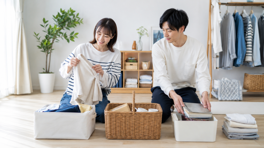 明るい部屋で衣類や不要品を断捨離する日本人男女
