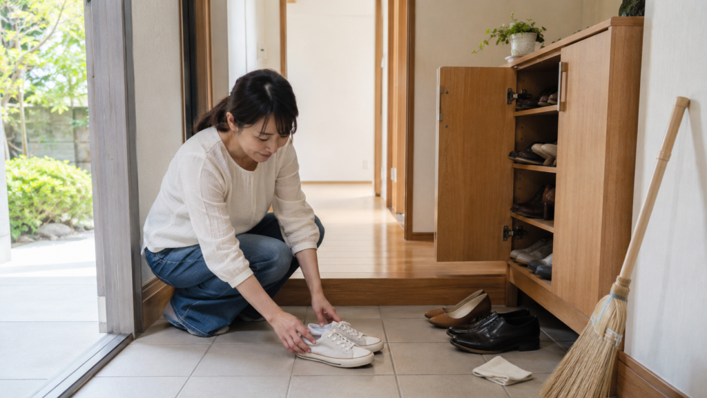 玄関で靴を整理しながら掃除する日本人女性