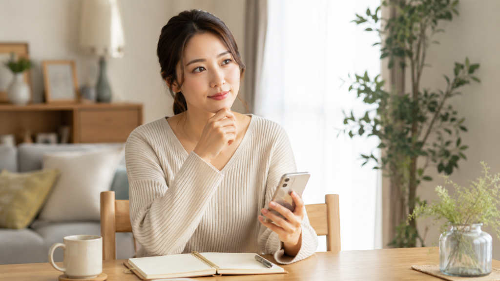 自宅で占いの悩み相談について考えながらスマートフォンを持つ日本人女性
