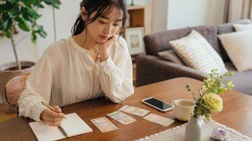 占い結果をノートに整理して行動を考える日本人女性