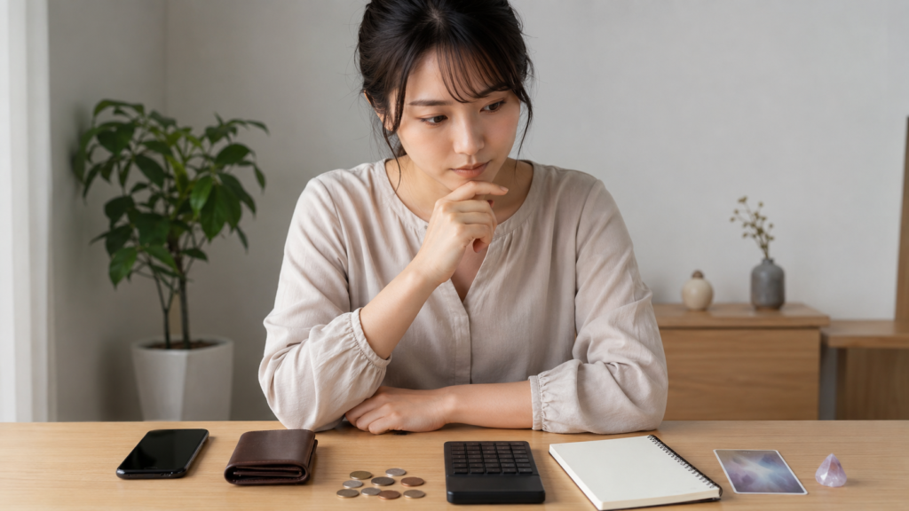 無料金運占いの料金と家計を慎重に確認する日本人女性