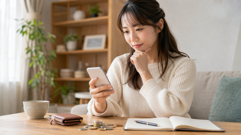 スマホで無料金運占いを確認する日本人女性