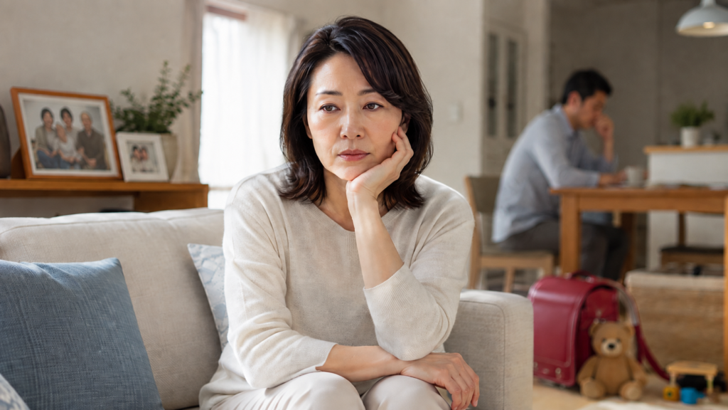 家族や夫婦関係の悩みについて考え込む日本人主婦