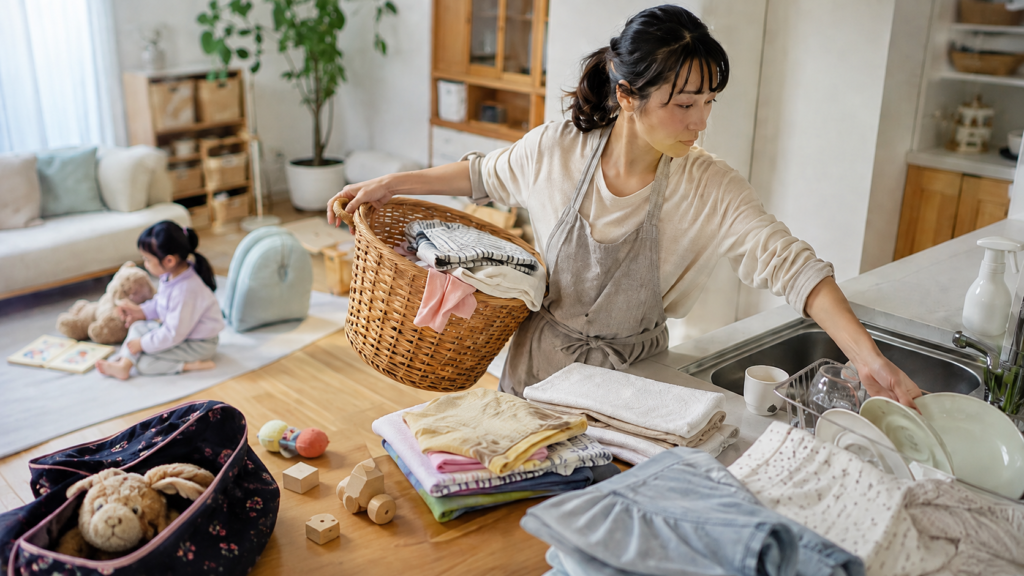 家事と育児を同時にこなして忙しく過ごす日本人主婦
