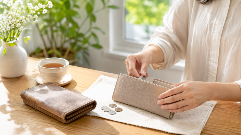 一粒万倍日に向けて財布とお金を整理する日本人女性