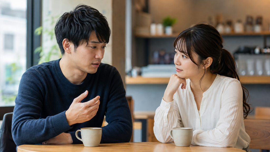 カフェで日本人女性に悩みを打ち明ける日本人男性