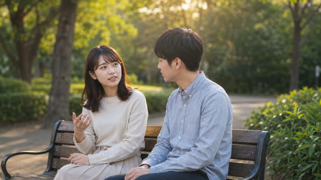 公園で日本人男性に悩みを打ち明ける日本人女性