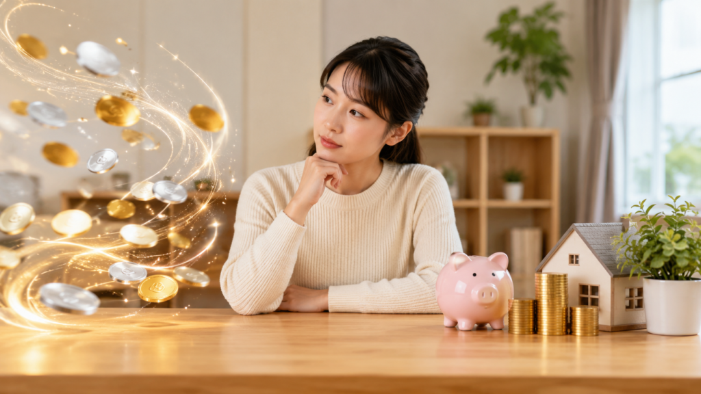 金運のお金の巡りと財運の貯蓄や資産形成の違いを考える日本人女性