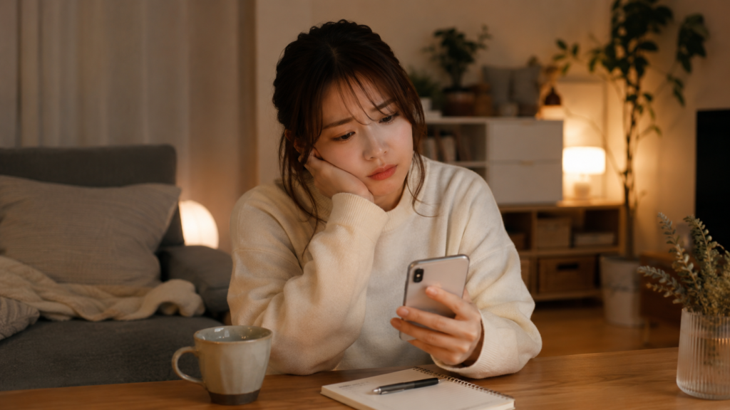 恋愛の悩みを誰に相談するかスマホを見ながら考える女性
