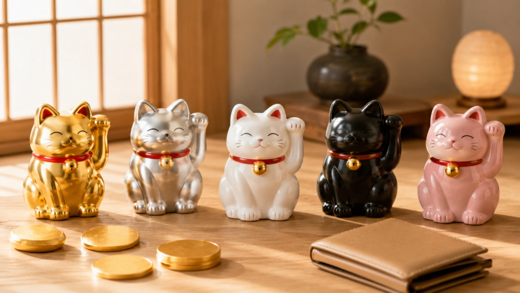 金運や開運など色ごとのご利益をイメージした金・銀・白・黒・桃色の招き猫
